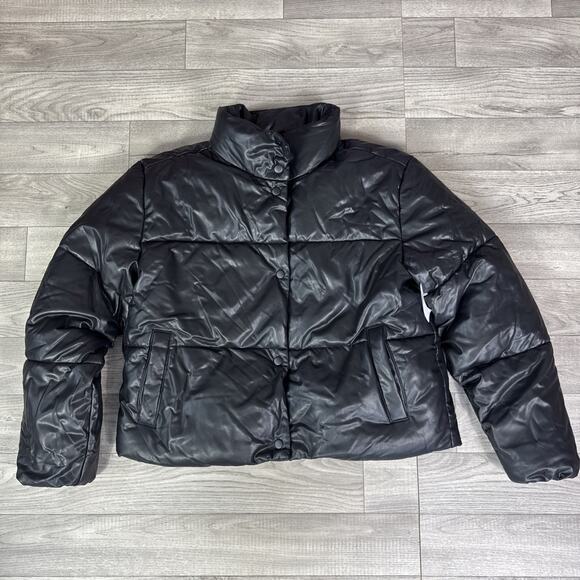 Old Navy Snap Front Faux Leather Puffer Jacket Coat Black sz S - Picture 2 of 7